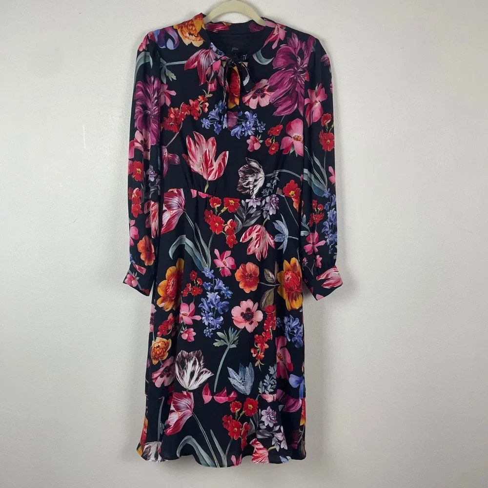 J. Crew Floral Midi Dress‎ Long Sleeve Women's Size 4 Tie Waist Midnight Dutch